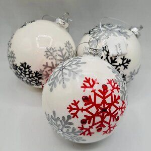 Black Silver Red & White Snowflake Ball Large Glitter Glass Ornament 4.5" Set 3